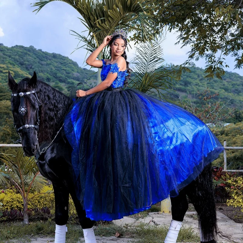 Фото Блестящее королевское синее платье Quinceanera, кружевное блестящее цветочное платье с кристаллами и длинным хвостом, платья de 15, Quinceanera ﻿ Индивидуальный №3