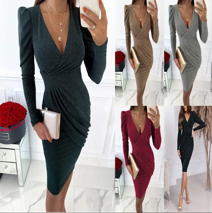 

2023 Spring/Summer Sexy V-neck Wrap Hip Irregular Short Dress Sequin Pleated Dress Dress