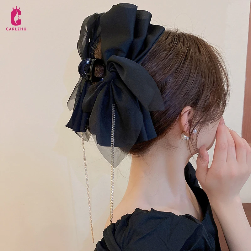 

Exaggerated Black Fabric Bowknot Acrylic Hair Claw with Rhinestone Long Tassel for Women Party Jewelry