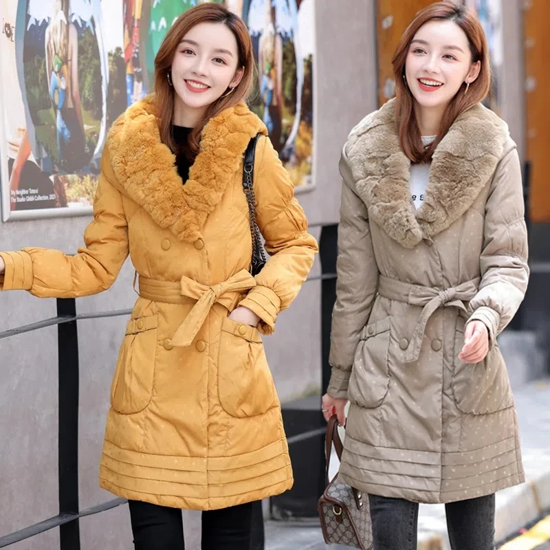 Down Jacket Women Hooded Rex Rabbit Fur Collar Fashion Slim Parkas Female Large Size Waist Long Thick White Duck Down Jacket
