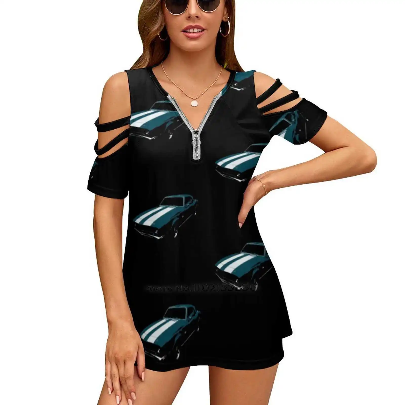 

Camaro Woman Tshirts Printed Tops Zipper V-Neck Top Fashion Graphic T Shirt Camaro Chevy Vintage Car Cars Garage Teens Room