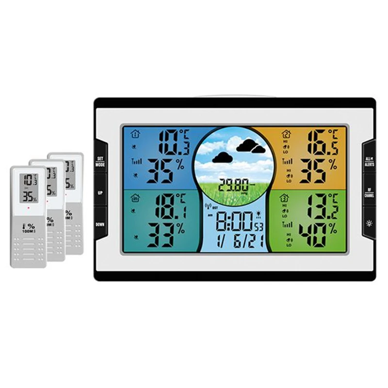 

Wireless Weather Station Indoor Outdoor Color Screen Weather Forecast Station 3 Sensor with Alarm Clock EU Plug