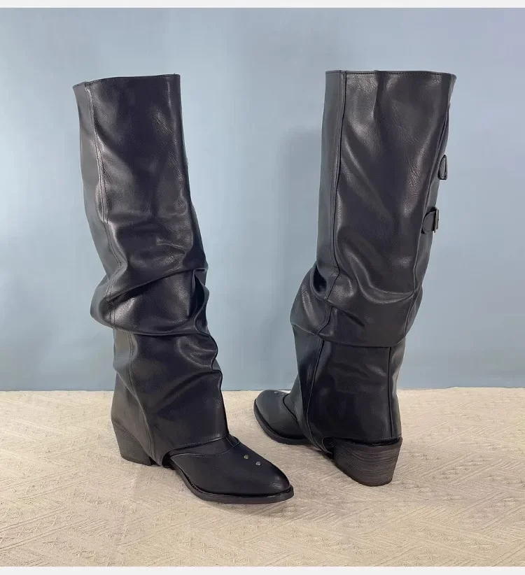 Винтажные ковбойские сапоги в стиле вестерн на толстом каблуке с заклепками