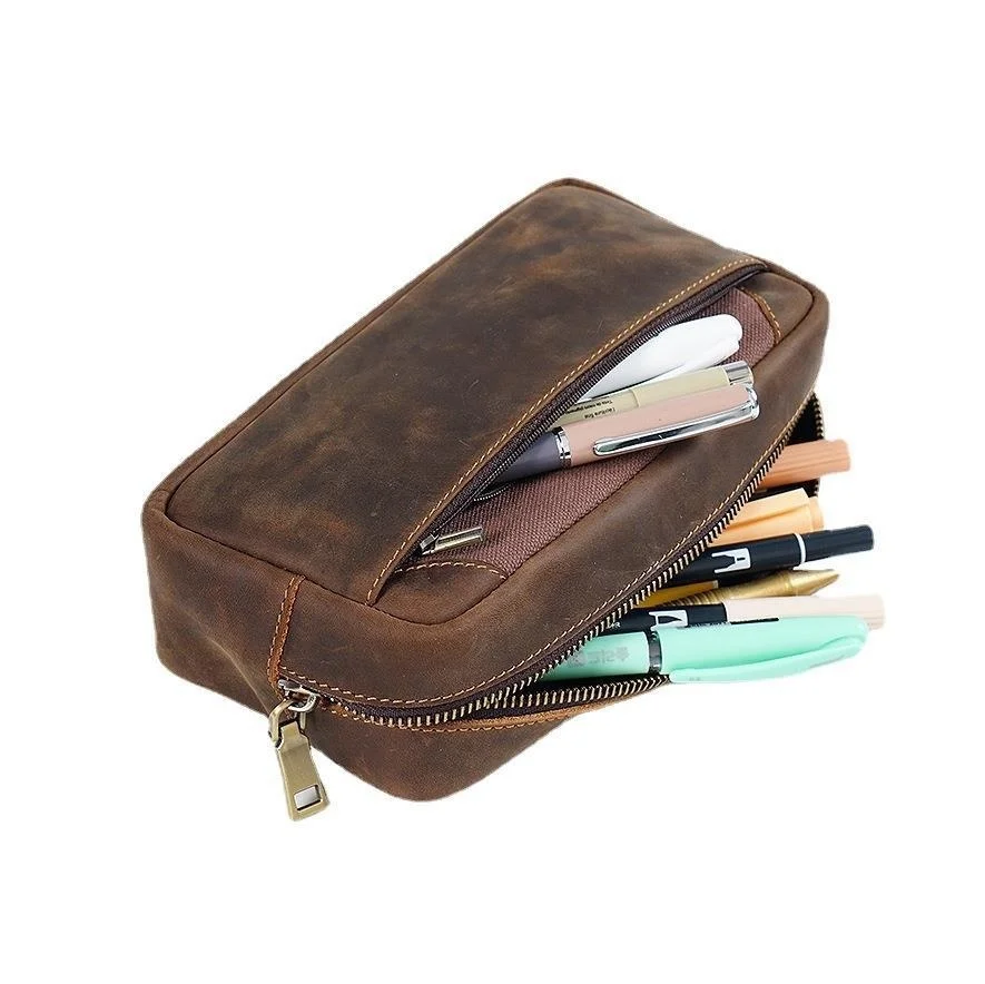Genuine Leather Zipper Pen Bag Large Capacity Pencil Case Zip Pouch Storage Bag School Office Stationery
