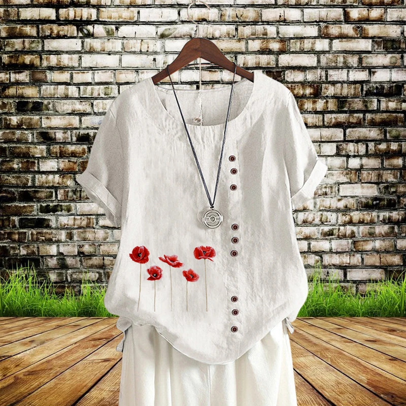 

Ladies T Summer Multicolor Loose Breathable Round Neck Personality Printed Short Sleeve T-Shirt Comfortable Cotton Linen Casual