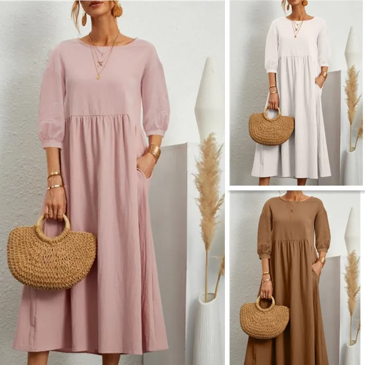

Women's Cotton Linen Dress Summer Fashion Vintage Loose Solid Lantern Sleeve Pocket Dresses O-Neck Long Femel Robe Ladies Wear