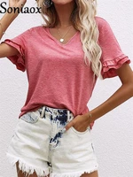 2022 summer new women solid color t shirt ruffles short sleeve v neck pullover tops ladies loose casual simple street t shirts