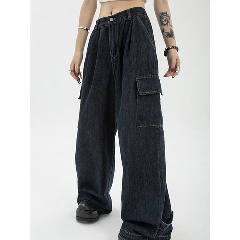 Women's Blue Vintage Wide Leg Jeans Fashion Baggy High Waist Straight Pants High Street Mopping Denim Trouser Autumn Ladies