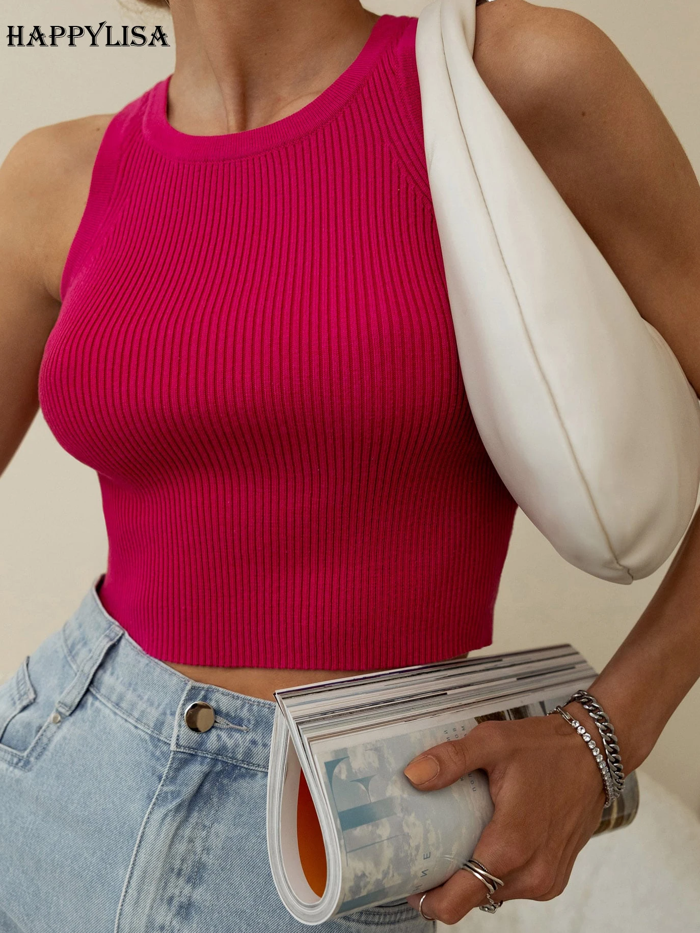 

Happylisa 2023 Summer Women Knitted Tank Tops Crop Tops Tees Sexy Girls Vest O-neck Slim Fit Ribber Sleeveless T Shirts T03