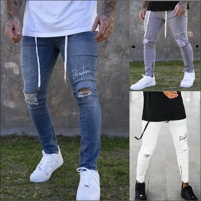 

Jeans Men Pants Print Letter Moto Biker Cowboy Baggy Slim Trousers Vintage Ripped Distressed Hole Ankle Length Pencil Pants