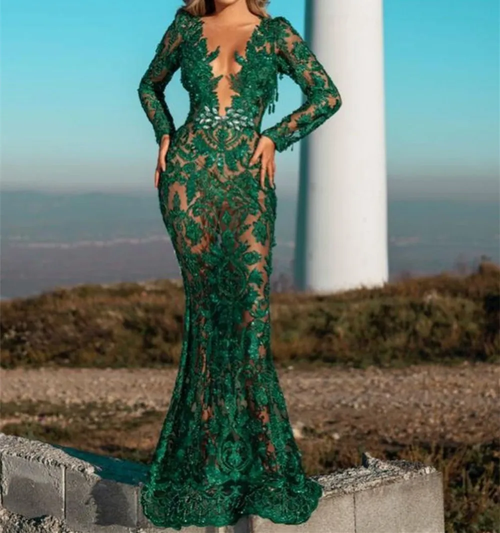 

See Through Green Prom Dresses 2022 Long Sleeves Lace Applique Mermaid Evening Gown robe de soirée de mariage Dinner Dress