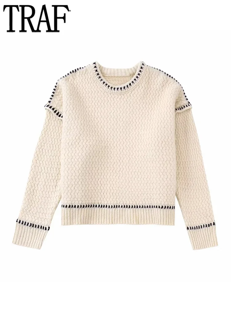 

Контрастный женский свитер TRAF, бежевый укороченный свитер, женский зимний вязаный свитер с длинным рукавом, Свободный пуловер для женщин, ...
