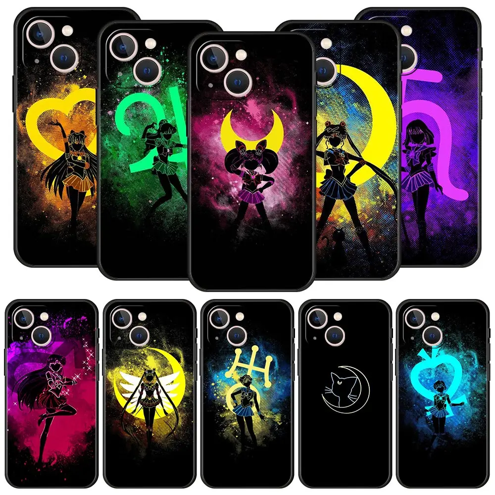 Funda de teléfono de lujo con dibujos de Sailor Moon para iPhone 14 13 12 11 Pro Max Mini 7 8 Plus, carcasa negra para iPhone X XR XS Max SE