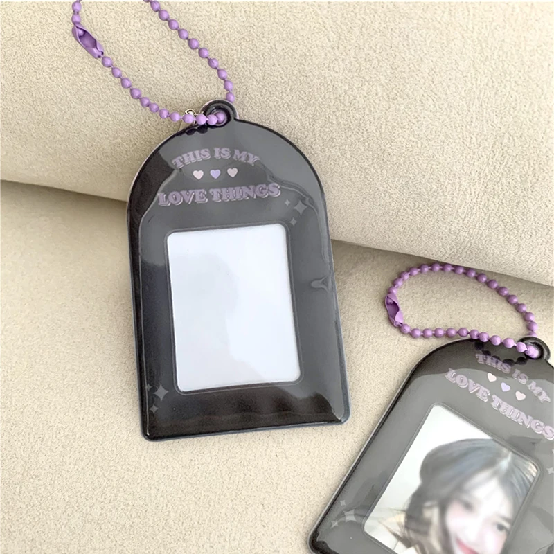 

2Inch Simple Black Purple Photocard Holder Idol Photo Sleeves Pendant With Keychain Bus Bank ID Card Holder Students Stationery