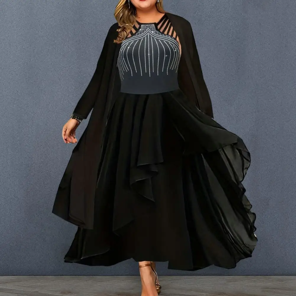 

Women Dress Coat Set Women's Elegant Rhinestone Ruffle Maxi Dress Black Cardigan Set for Commute Casual Fashion 2-piece Dress