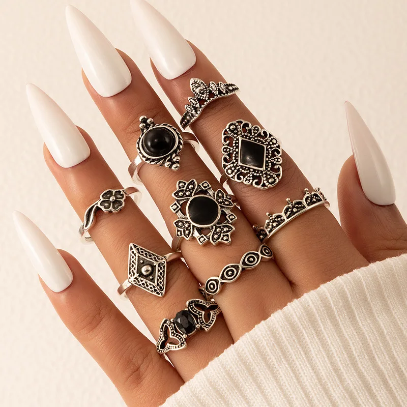 

New 2022 Vintage Black Dripping Ring Set Geometric Irregular Ring Nine Piece Set