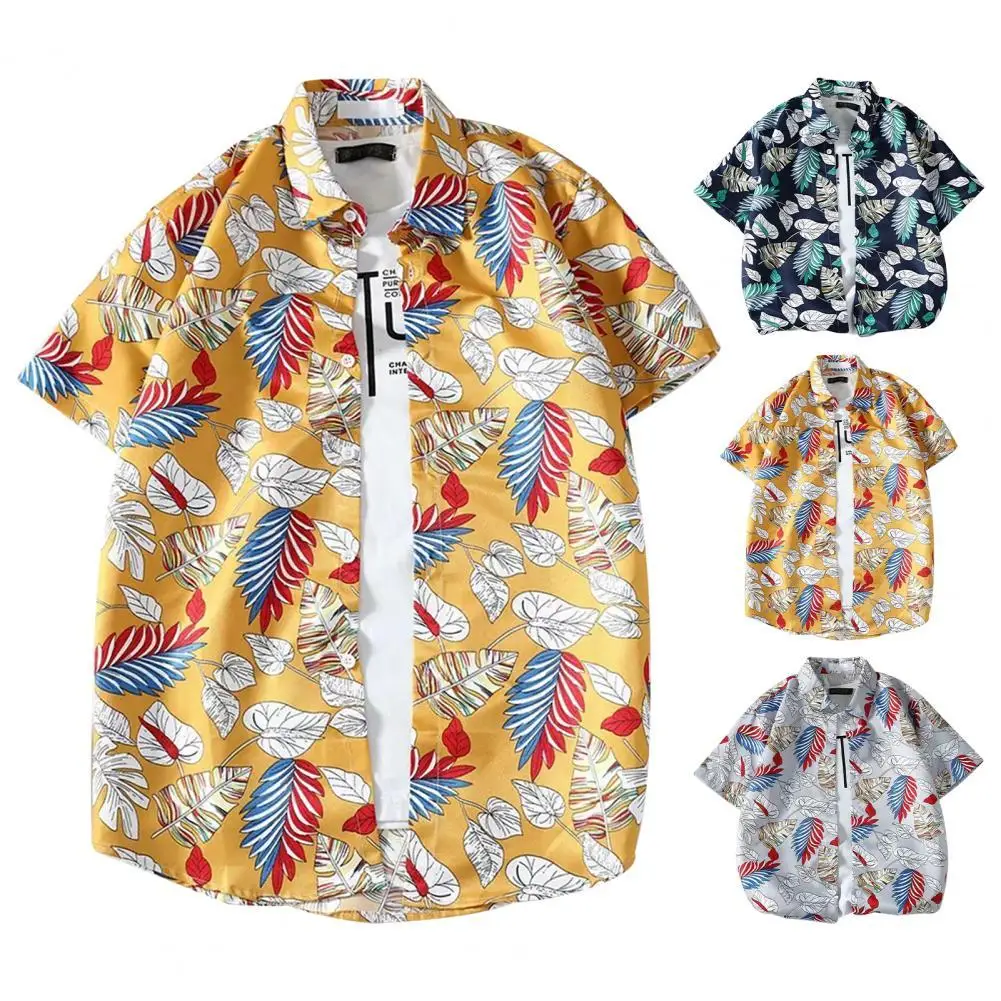 

Men Shirt Leaf Print Single-breasted Summer Hawaiian Buttons Shirt Men's Short Sleeve Lapel Print Shirt Tropical Leaf Pattern