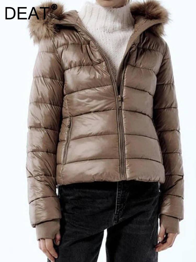 

DEAT Fashion Women's Cotton-padded Coat Hooded Slim Patchwork Fur Zipper Pockets Thick Warm Jackets Winter 2023 New 17A5267