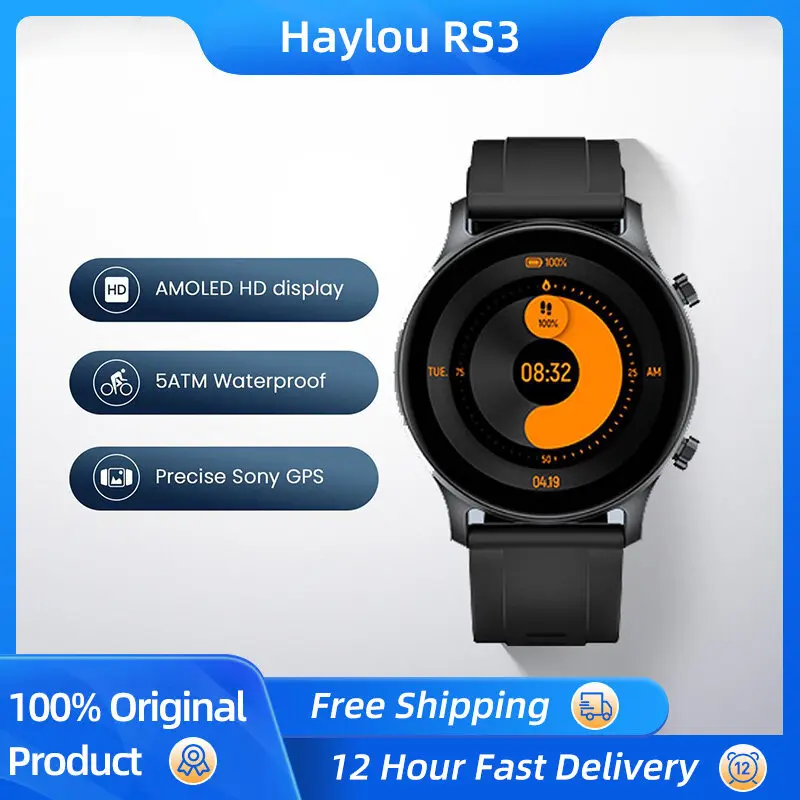 Оригинальные Смарт-часы HAYLOU RS3 LS04 с AMOLED дисплеем и GPS водонепроницаемые 5ATM