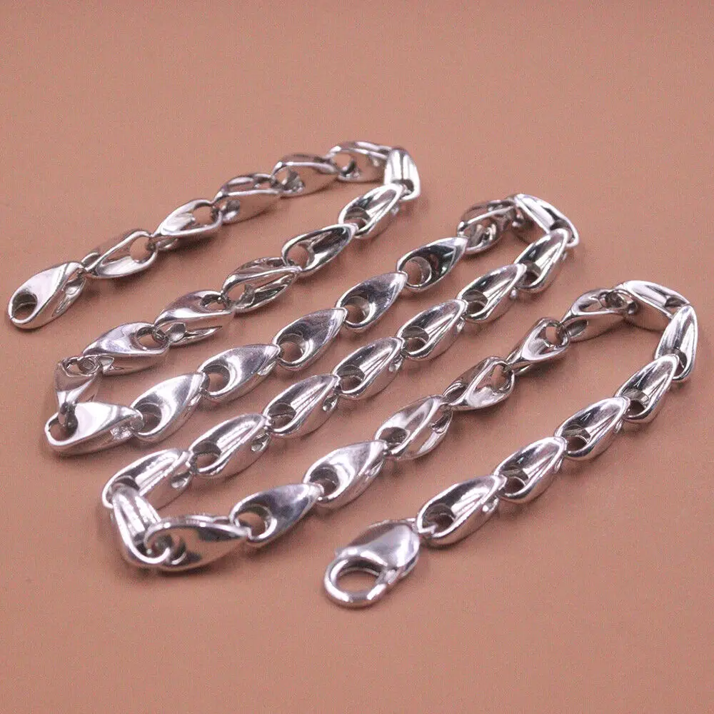 

Real 925 Sterling Silver 7mm Oval Bead Link Chain Necklace 23.6" Lobaster-Clasp