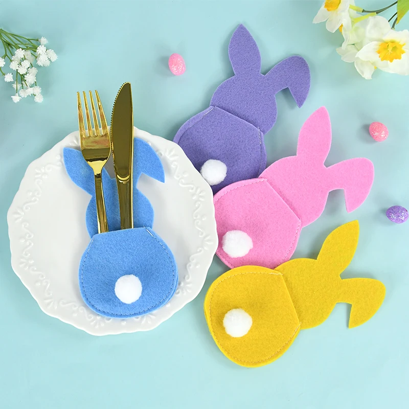 

4pcs Easter Bunny Felt Cutlery Bag Cute Rabbit Knife Fork Holder Tableware Organizer Easter Festival Party Home Table Decoration