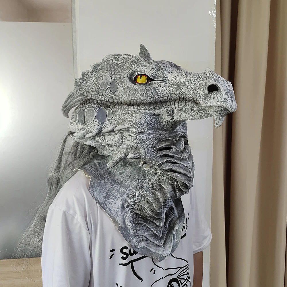

Novelty Deluxe White Dragon Mask With Hair Cosplay Tyrannosaurus Rex Decorations Mask Adult Halloween Carnival Party Animal Mask