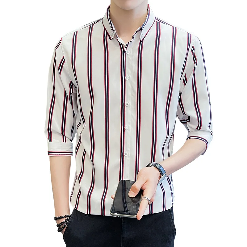 Fashion Men's Shirt Stripe Three Quarter Slim Shirt Men's Clothing Ropa De Hombre Casual Tops T Shirt for Men