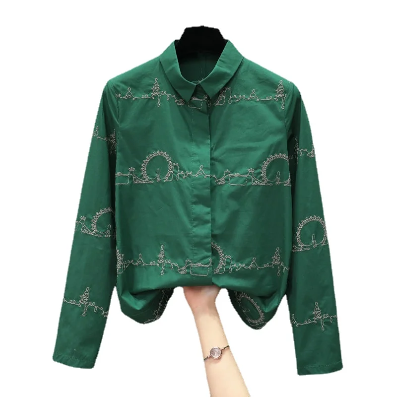 

Весенняя рубашка 2022, модная зеленая рубашка с длинным рукавом и принтом, Женский дизайнерский Повседневный Топ в гонконгском стиле с длинны...