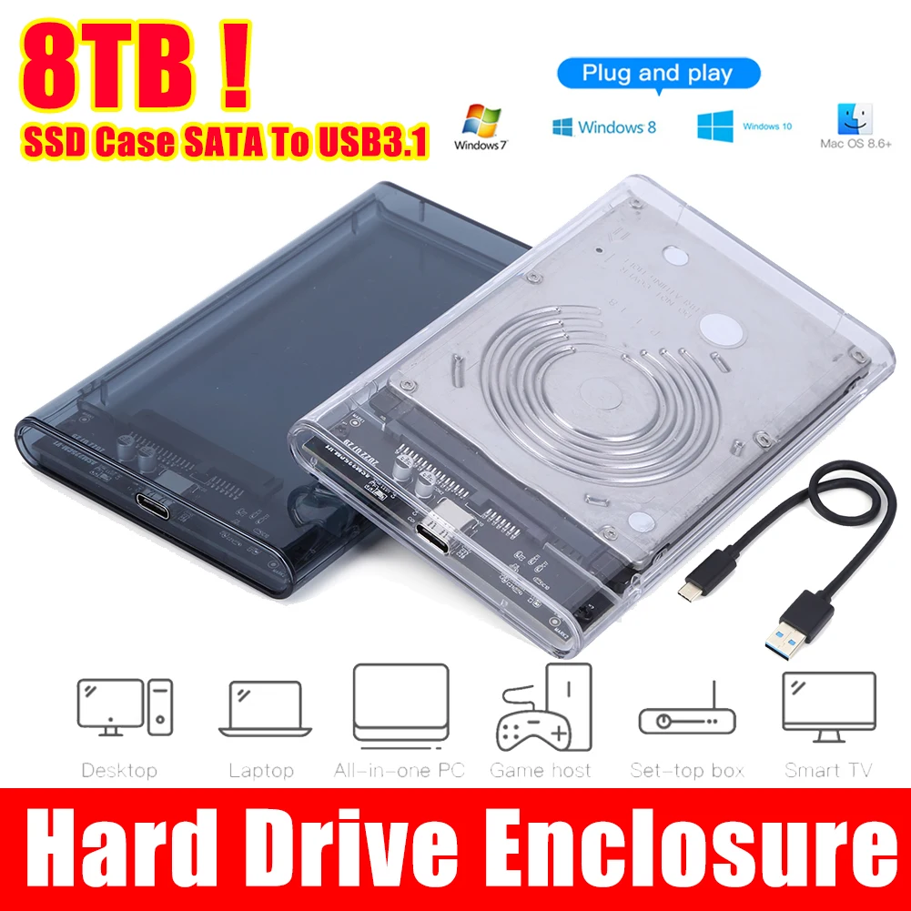 

USB TYPE-C 3.1/3.0/2.0 HDD Enclosure 2.5inch Serial Port SATA SSD Hard Drive Case Support 6TB transparent Mobile External HDD