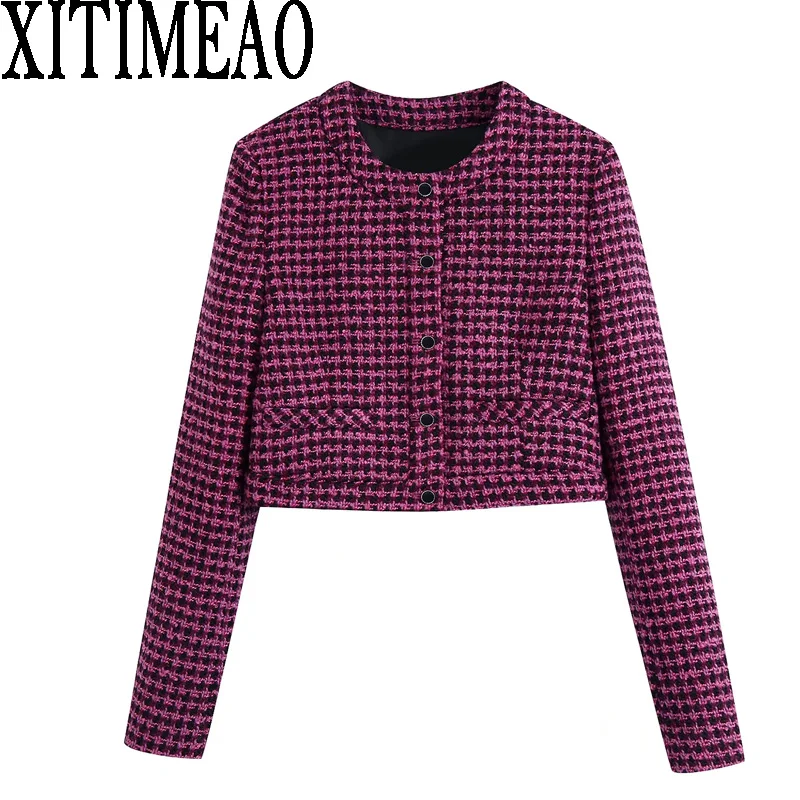 

Xitimeao Women Spring Autumn Fashion O Neck Single Breasted Tweed Check Suit Blazers Coat Vintage Long Sleeve Short Outerwear