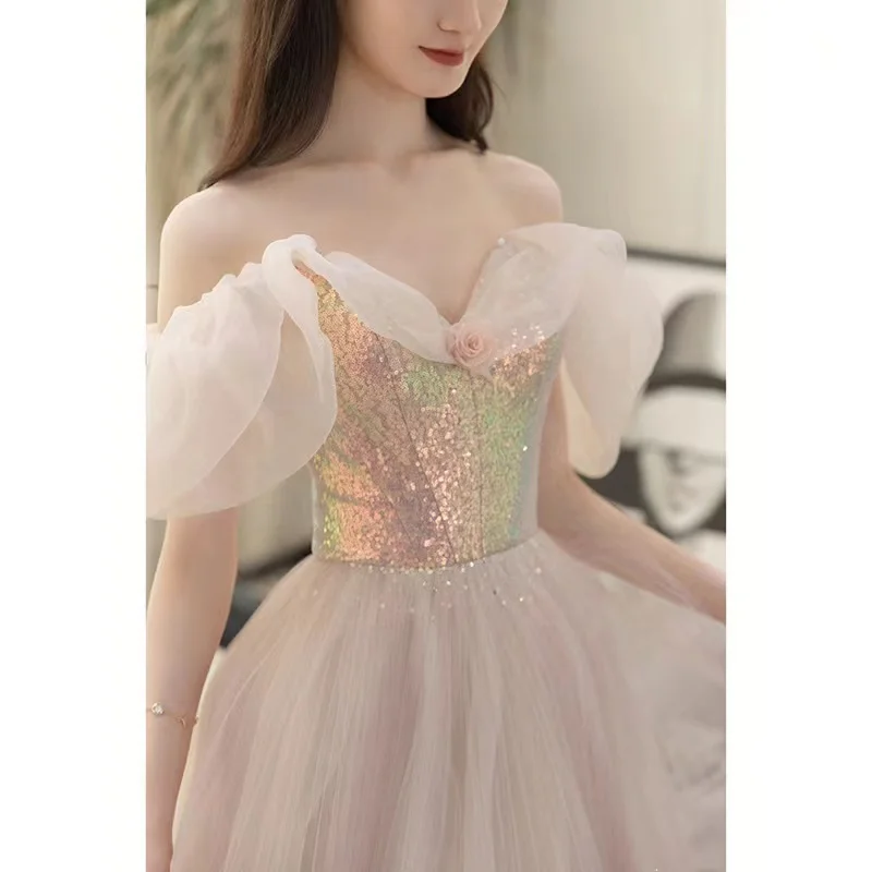 

Romantic Elegant Pink Tulle Prom Dresses Sweetheart A-Line Off The Shoulder Formal Party Evening Wedding Gowns Vestido De Fiesta