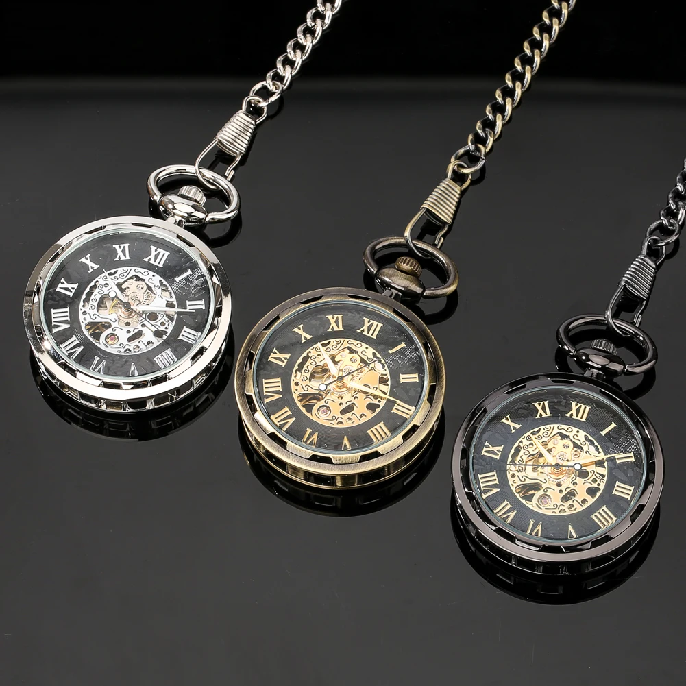 Hand-Wind Mechanical Pocket Watch Skeleton Roman Numeral Dial Vintage Black/Bronze/Silver Pendant Clock for Men Birthday Gifts
