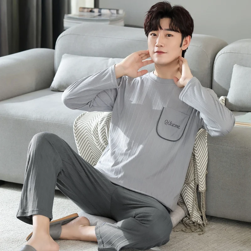 

2022 Autumn Plus Size Long Sleeve Cotton Pajama Set for Men Korean Loose Sleepwear Suit Pyjama Male Lounge Homewear Home Clothes