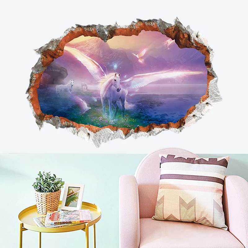 

Eco-friendly PVC 3D Wall Unicorn Pegasus Wall Sticker Modern Art Mural Home Decoration Background Wall Sticker Children's Room