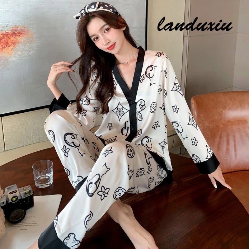 Women's Ice Silk Pajamas Set V Neck Design Luxury Cross Letter Print Sleepwear Silk Like Home Clothes XXL Large Size Nightwear