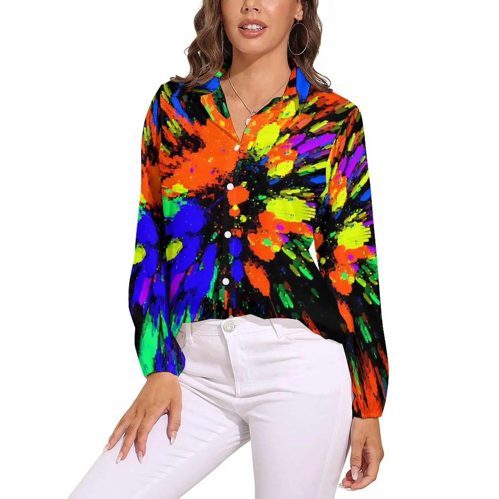 

Блузка женская оверсайз с длинным рукавом, Классическая Милая рубашка с неоновым рисунком, синяя фиолетовая зеленая, на заказ, осень