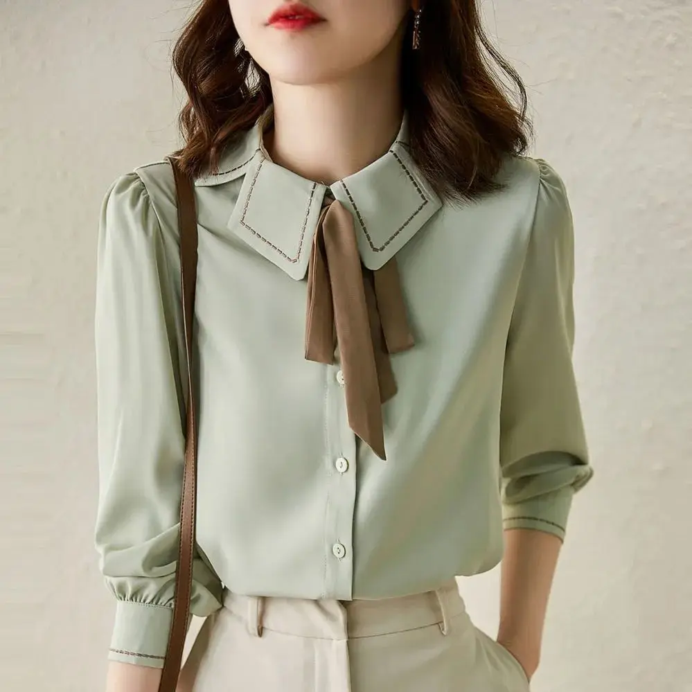 Shirt women's long-sleeved autumn 2022 new shirt Korean  loose  chiffon shirt feminine top  blouse for women  Bow