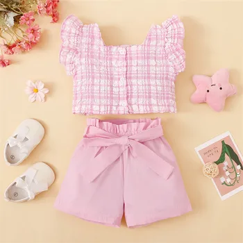 2Pcs Toddler Baby Girls Clothes Sets 2023 Summer Plaid Sleeveless Vest Tops+Shorts Two Piece Outfits Sets 1 2 3 4 5 6 Years 1