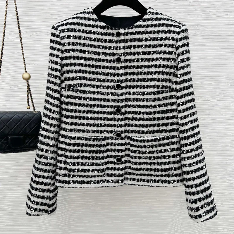 

High Quality Wool Tweed Jacket Women Fashion O Neck Single Breasted Sequins Stripe Outwear Female Silk Lining Coat 2023 Autumn