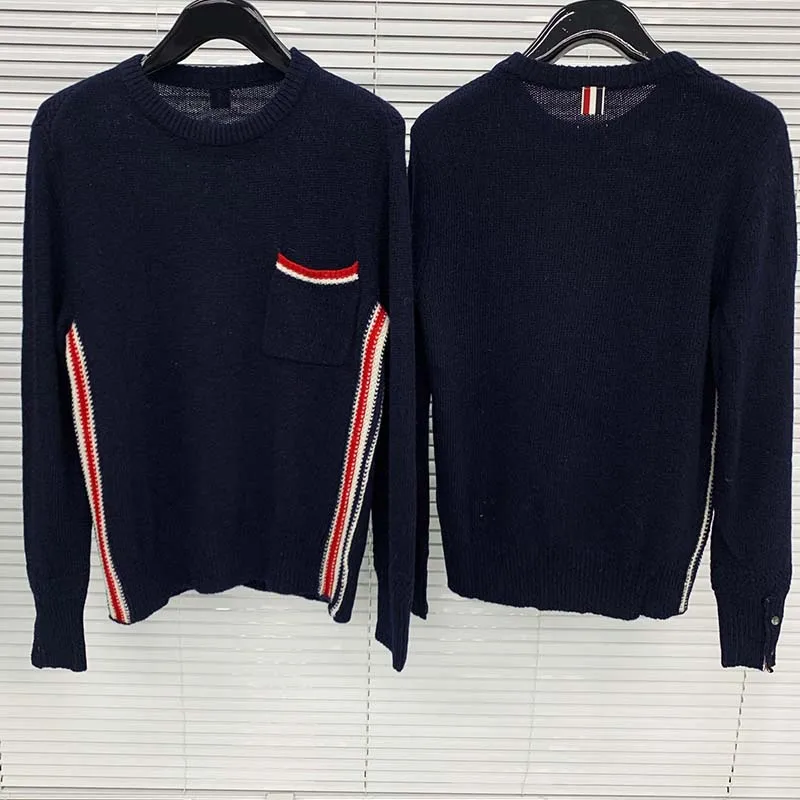 TB THOM Knitted Pullover Fashion Korean Design RWB Striped V-Neck Men Pullover Winter Office Daily Outdoor Casual Classic Top