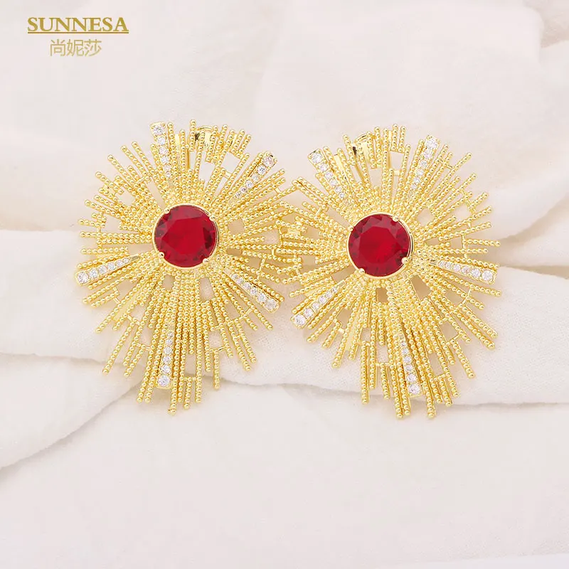 

SUNNESA African Red Zircon Big Earrings for Women Luxury Dubai Jewelry Copper Plated Rhinestone Clip Earrings Party Jewellery