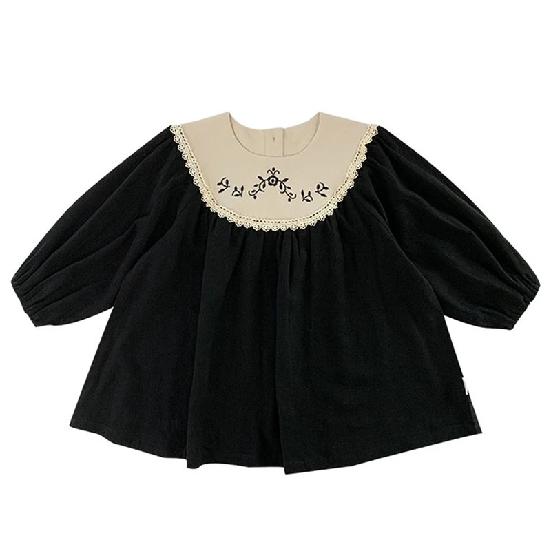 Вышитые платья с длинным рукавом и кукольным воротником для девочек однотонные