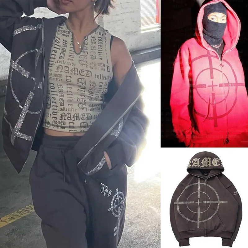 

2022 Y2k Hoodies Graffiti Diamond Hoodies Print Sweatshirts Women Loose Outwear Vintage Jacket Men American Embroider New Coat