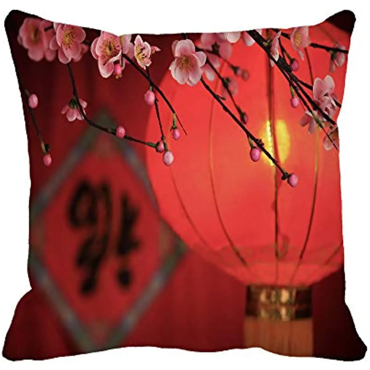 

Китайский новый год, традиционный фонарь и цветение сливы 18x18 дюймов, наволочка для подушки, домашний декоративный квадратный чехол для под...