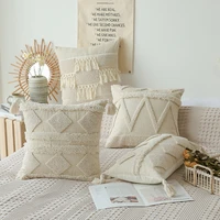 boho beige white throw pillow covers cotton canvas tufted pillow cover tassels cushion cover home decoration pillow case
