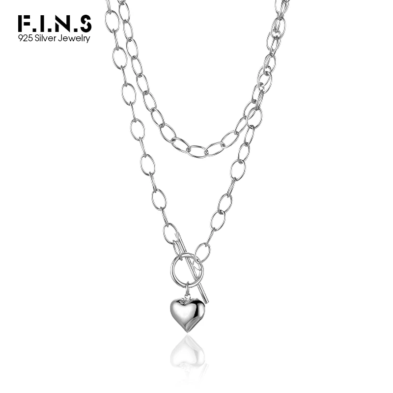 

F.I.N.S Korean Fashion Women's S925 Sterling Silver Long Double Layered Chains Love Heart Pendant OT Buckle Clavicle Necklace