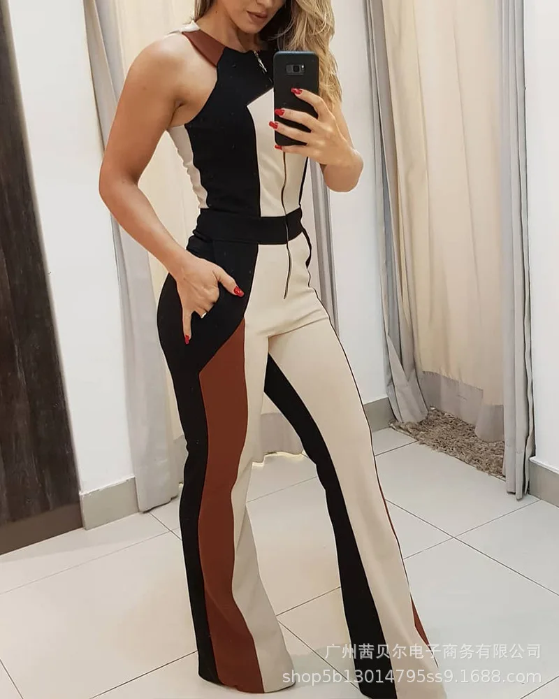 

Straight Slim Patchwork Jumpsuits 2022 Summer Spring Off Sholuder Sleeveless Halter Neck Women Romper Office Lady Sets With Zip