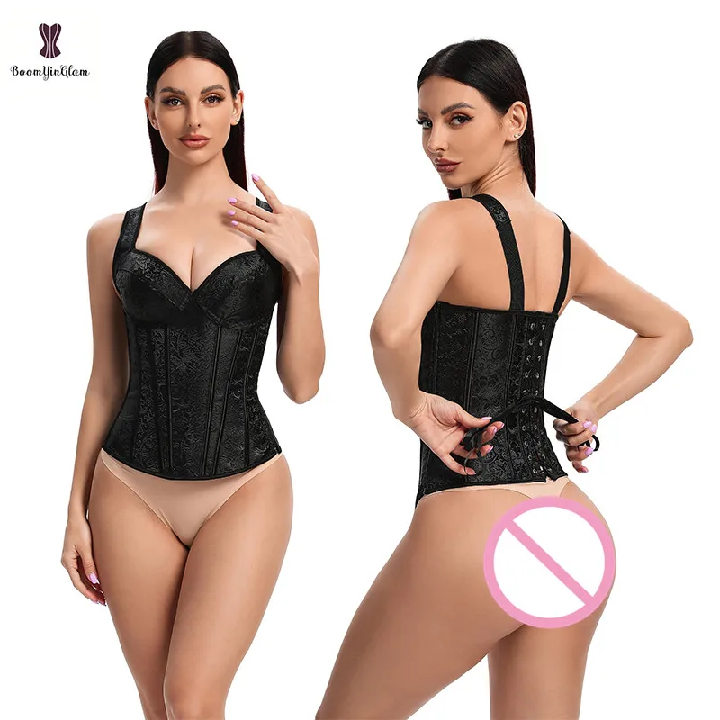 

Plus Size S To 6XL Women Body Shapewear Suit Steampunk Gothic Overbust Corset Side Zip Adjustable Black Bustier With G String