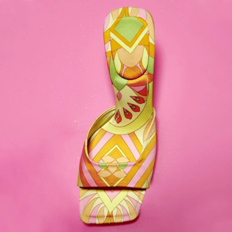 

ZA2022 Summer Women's Shoes Colorblock Printing Fashion High-Heeled Sandals Square Toe Thick-Heeled Mules Women's