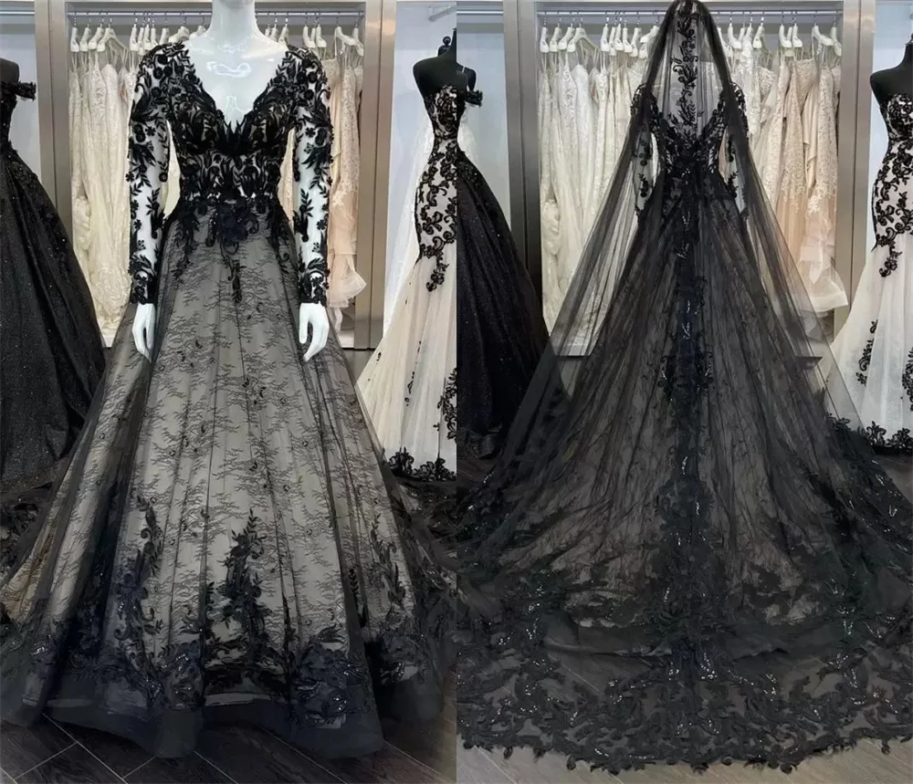 

Sexy Black Gothic V-neck Wedding Dresses Bridal Gowns for Women Illusion Long Sleeves Lace Applique Country Designer Court Train